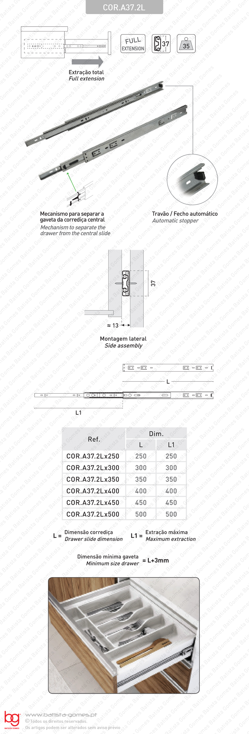 Corredi�as com esferas A37 para gavetas / Progressiva - 2 Lan�os / Extra��o total / 35Kg (par)